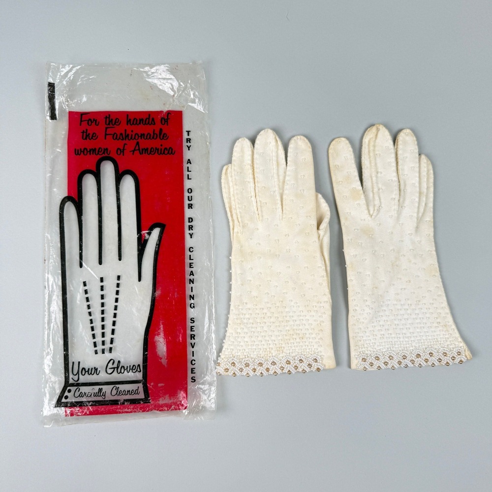Vintage‎ White Beaded Gloves Formal Evening Party Glamour